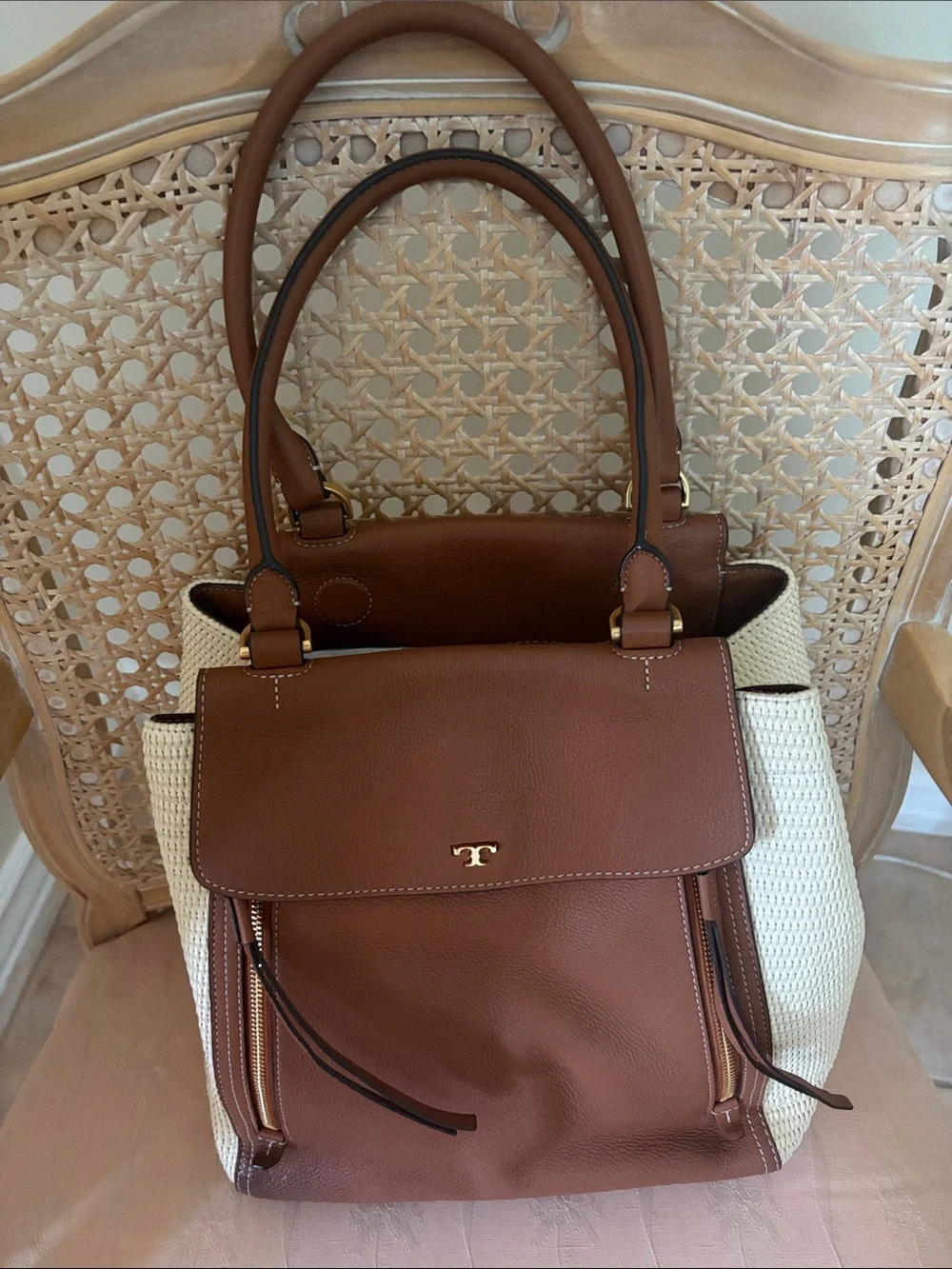 Tory Burch Brown Leather and Cream Woven Tote